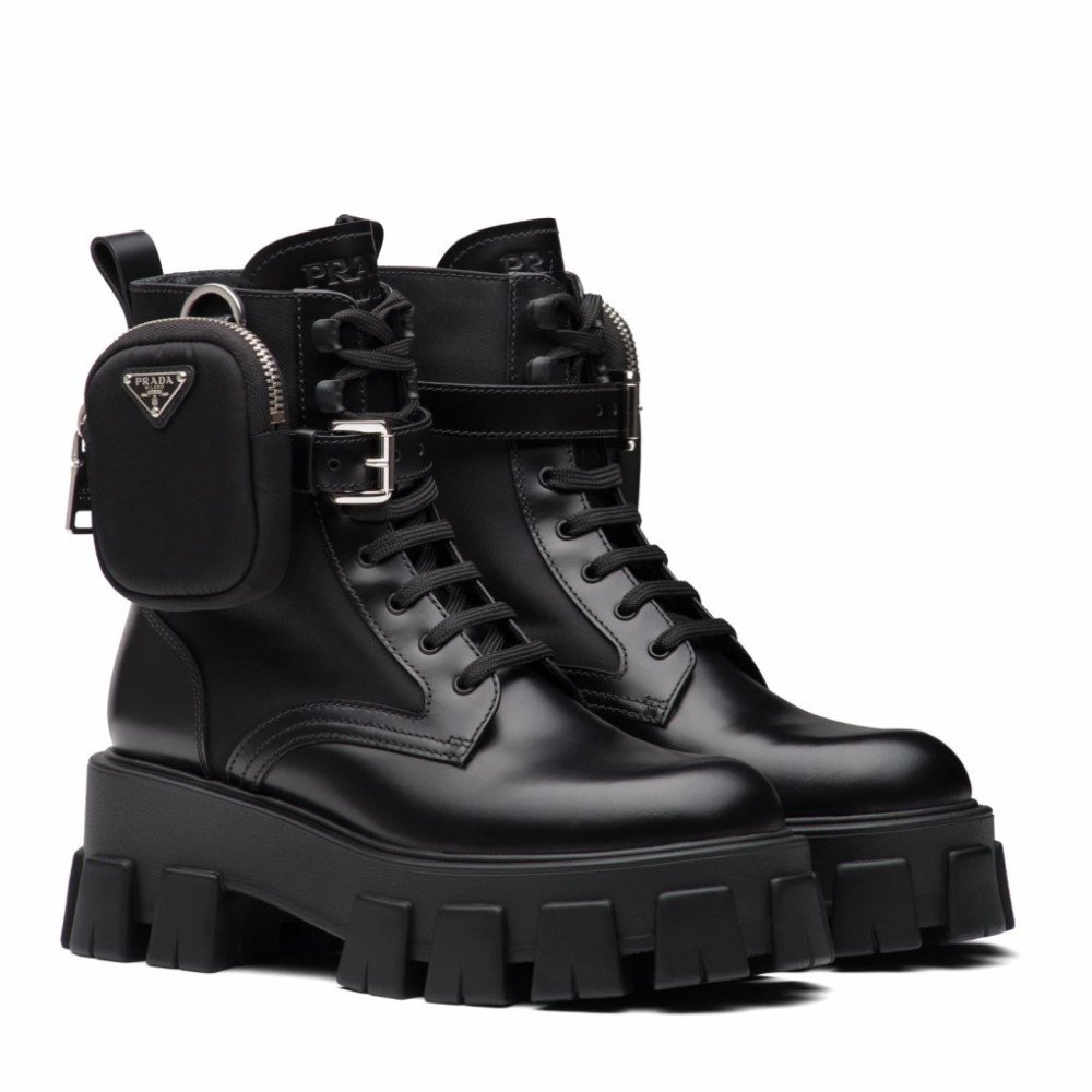 Cheap Reps Prada Monolith Boots in Black Leather and Nylon Fabric