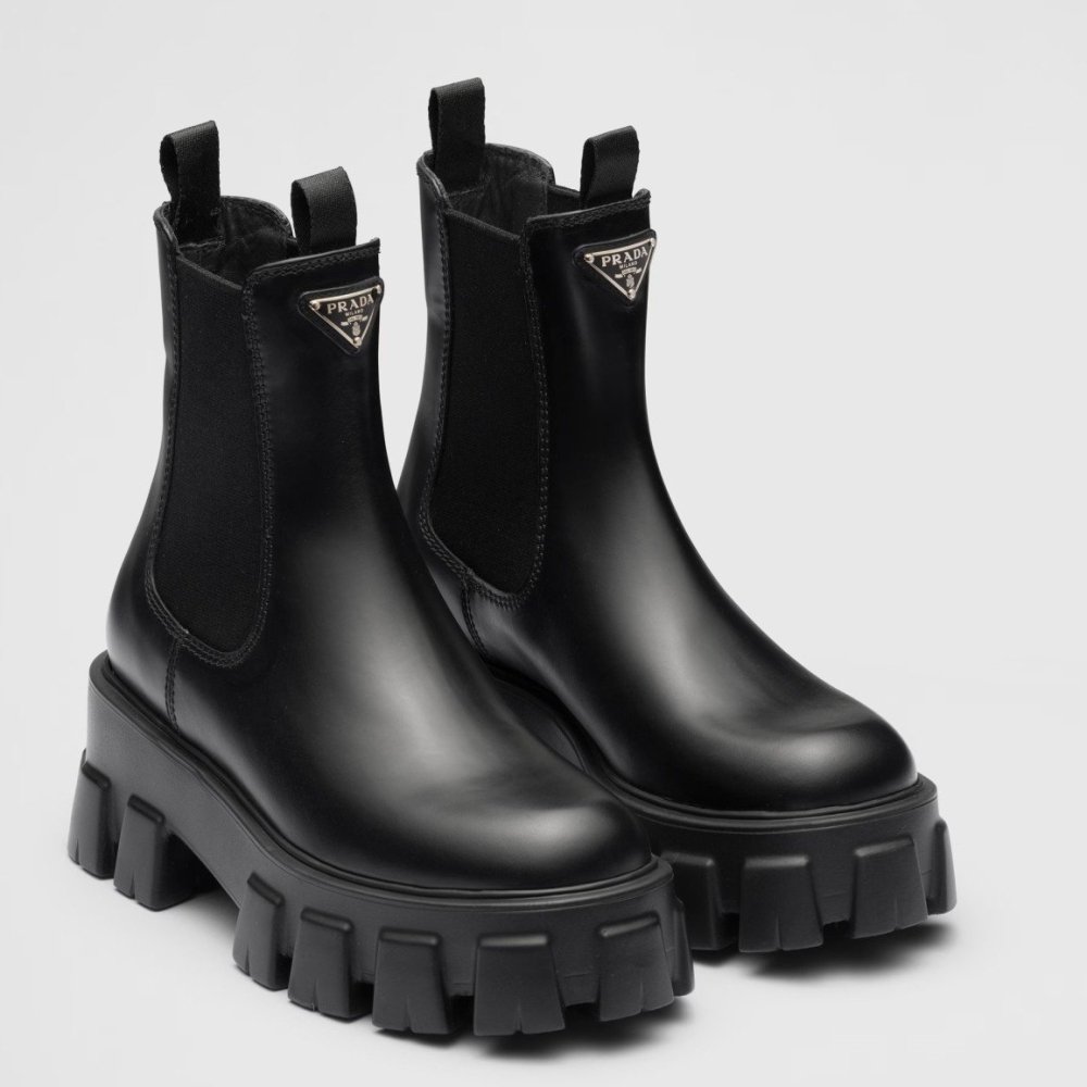 Cheap Reps Prada Monolith Ankle Boots in Black Brushed Leather