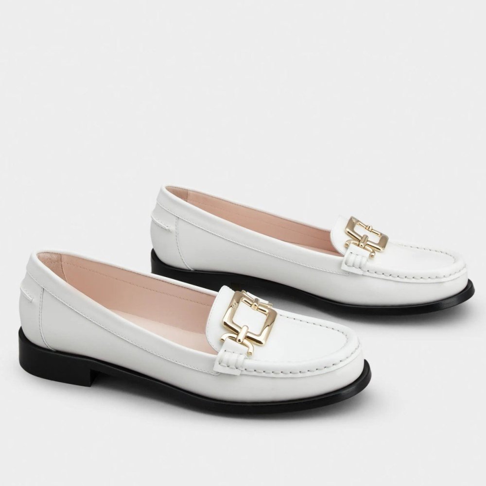 Cheap Reps Roger Vivier Metal Buckle Morsetto Loafers in White Patent Leather