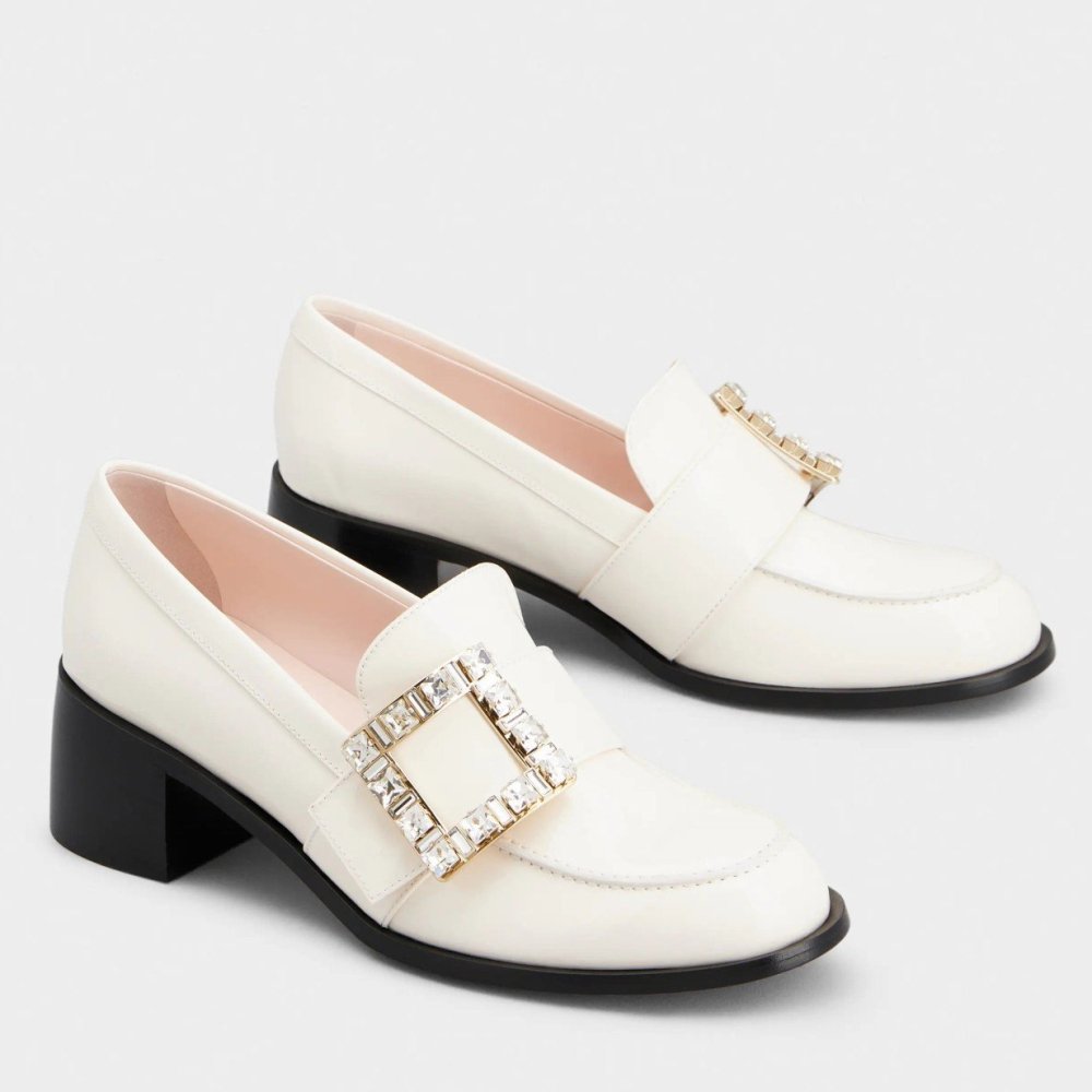 Cheap Reps Roger Vivier Viv Rangers Strass Buckle Loafers in White Patent Leather