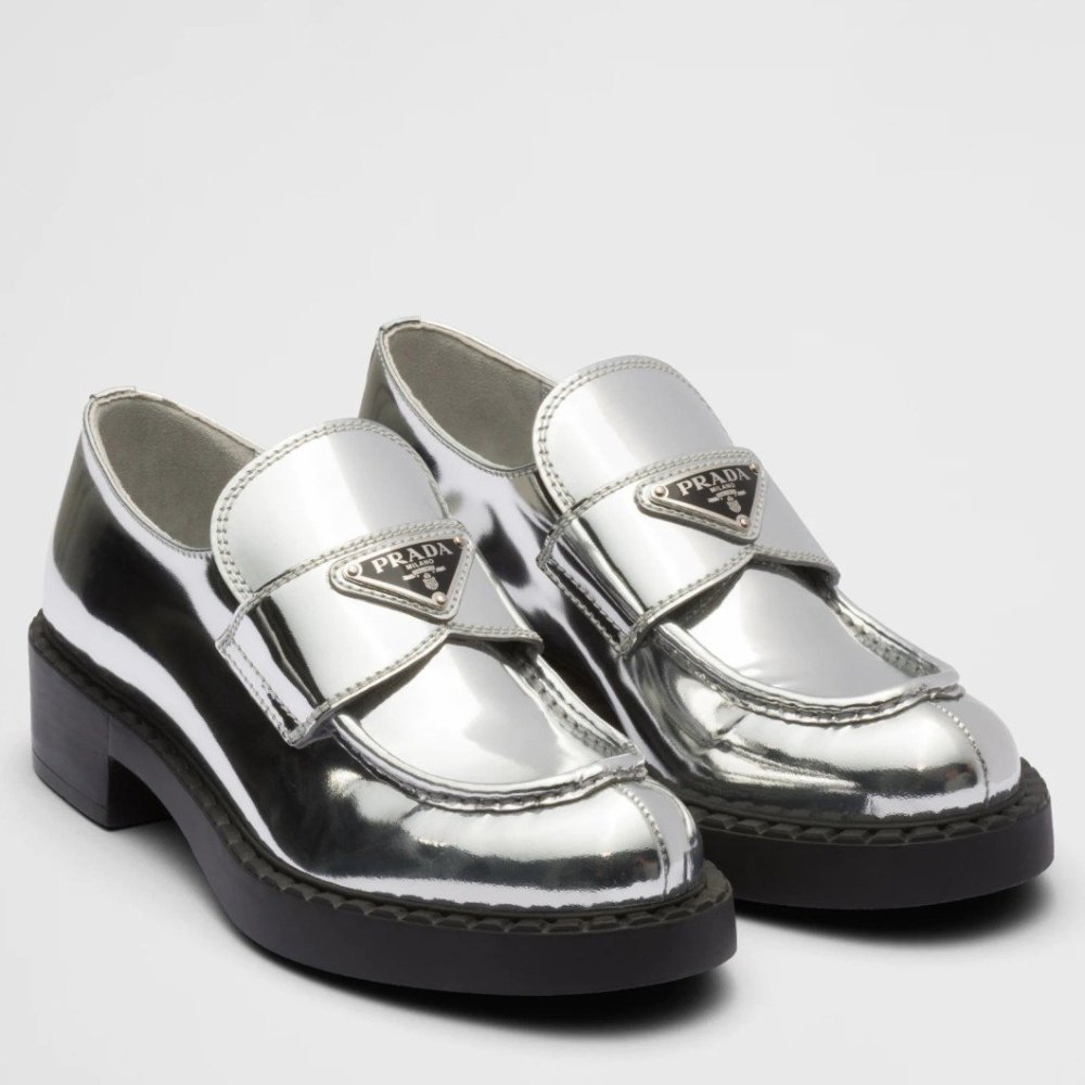 Cheap Reps Prada Womens Loafers In Silver Metallic Leather