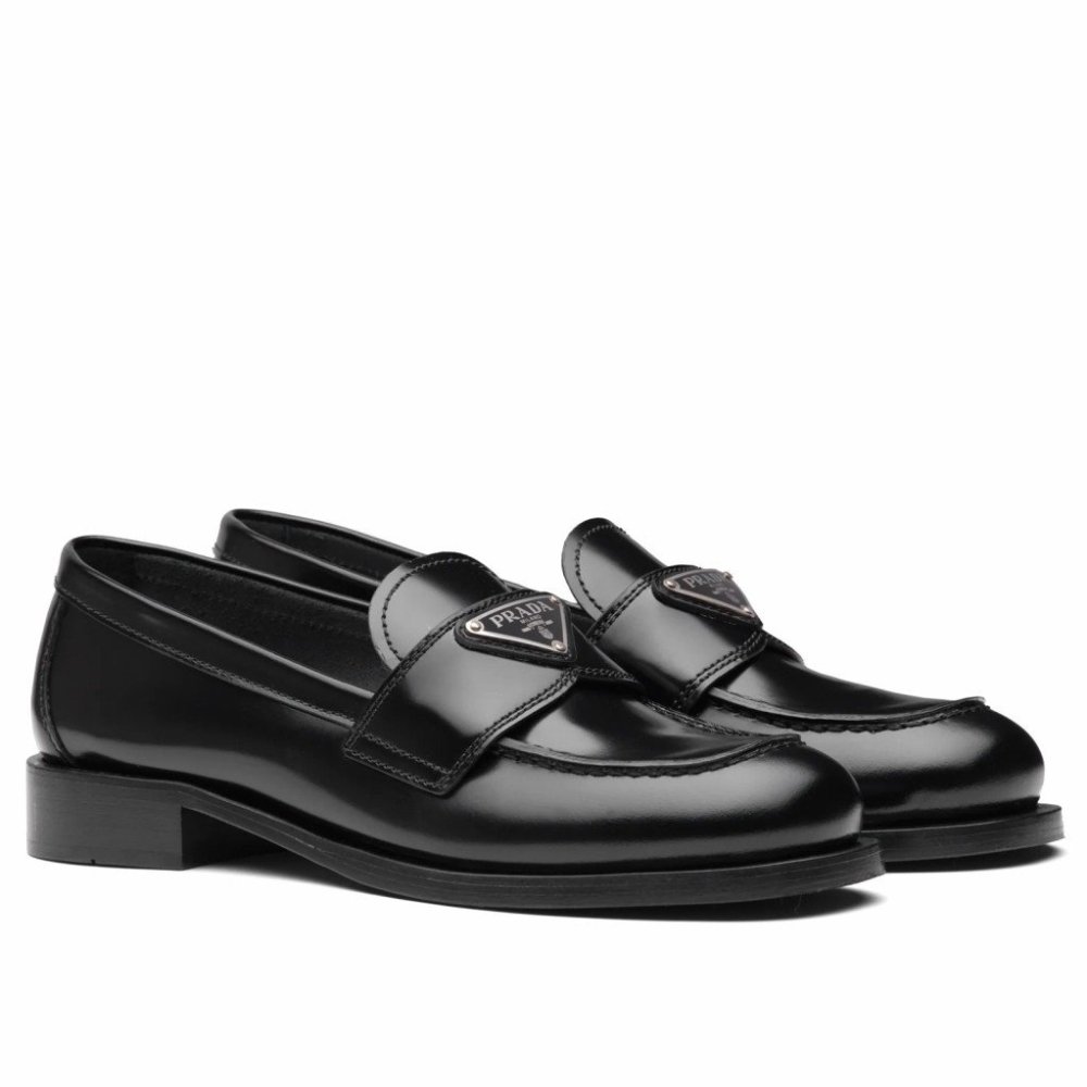 Cheap Reps Prada Womens Loafers In Black Unlined Brushed Leather