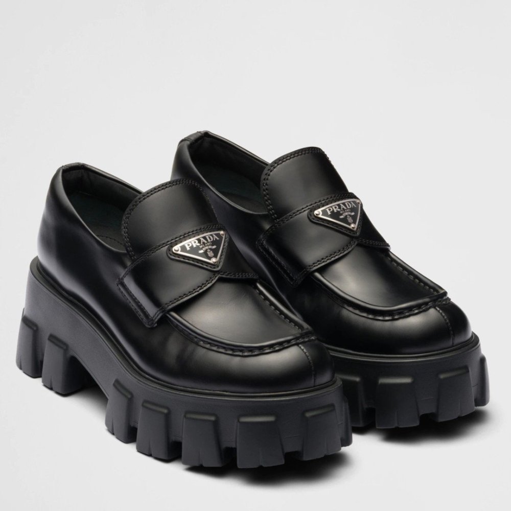 Cheap Reps Prada Womens Monolith Loafers In Black Brushed Leather