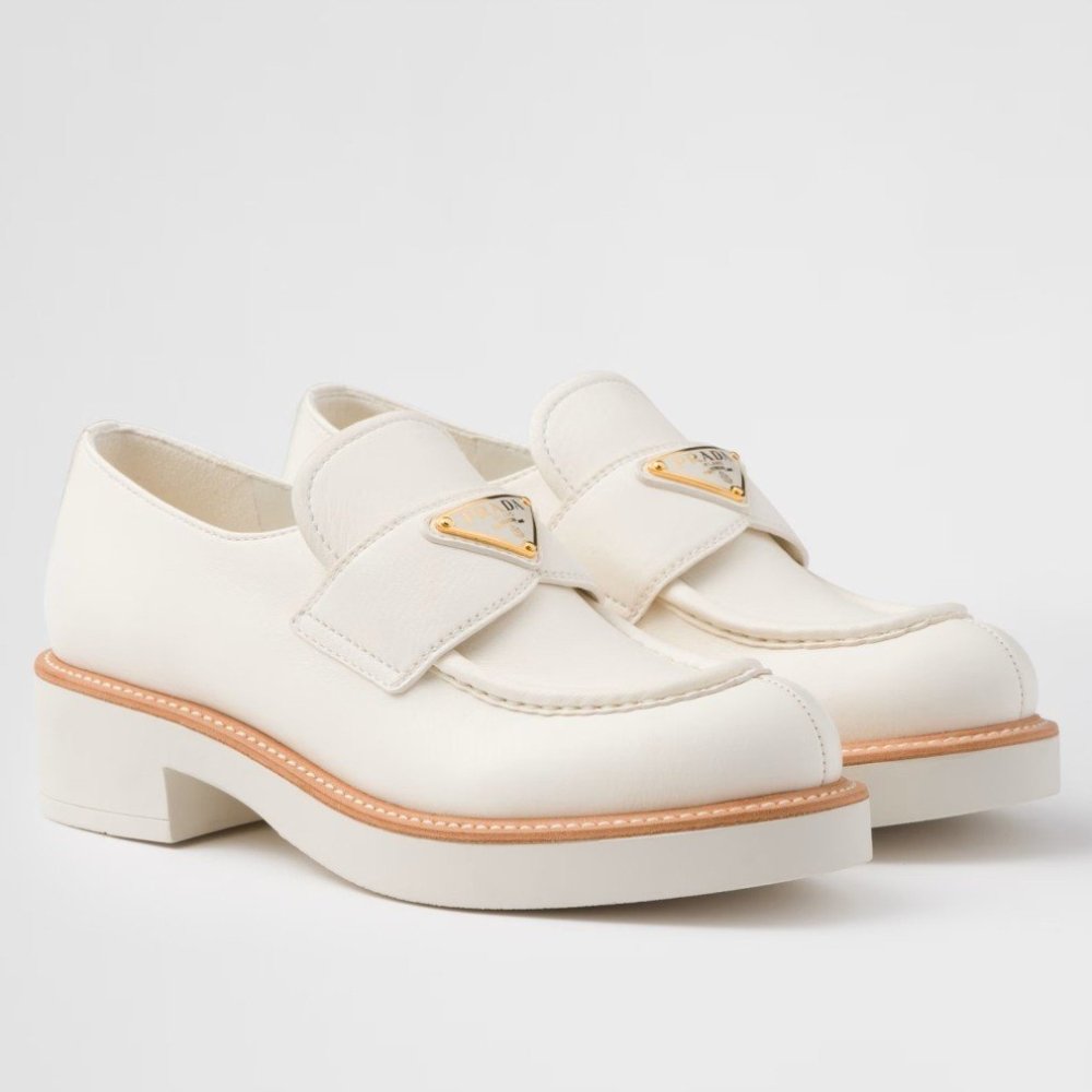 Cheap Reps Prada Womens Loafers in White Grained Leather