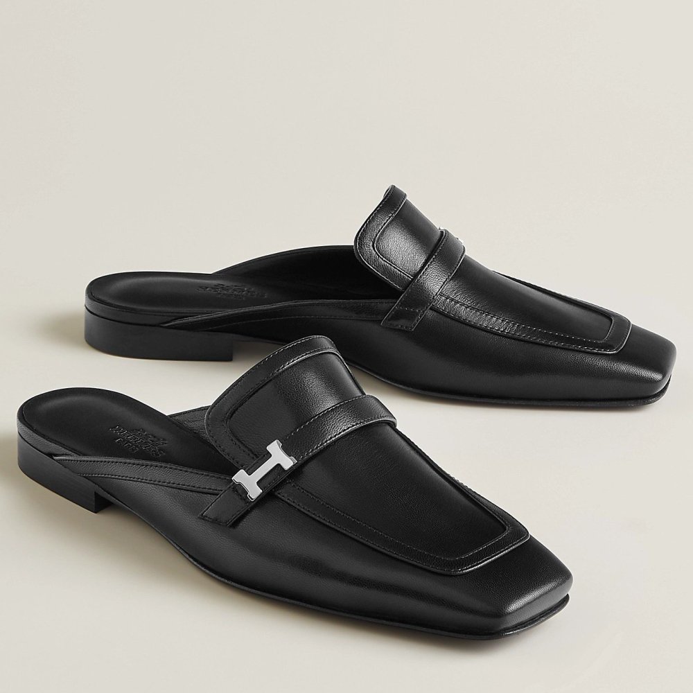 Cheap Reps Hermes Groupie Mules in Black Calfskin