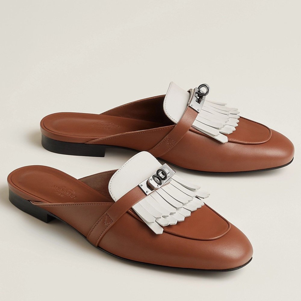 Cheap Reps Hermes Womens Oz Mules with Fringed in Brown/White Leather