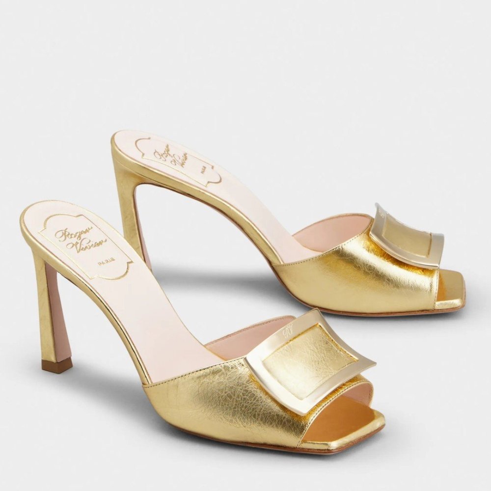 Cheap Reps Roger Vivier Trompette Metal Buckle Mules in Gold Metallic Leather