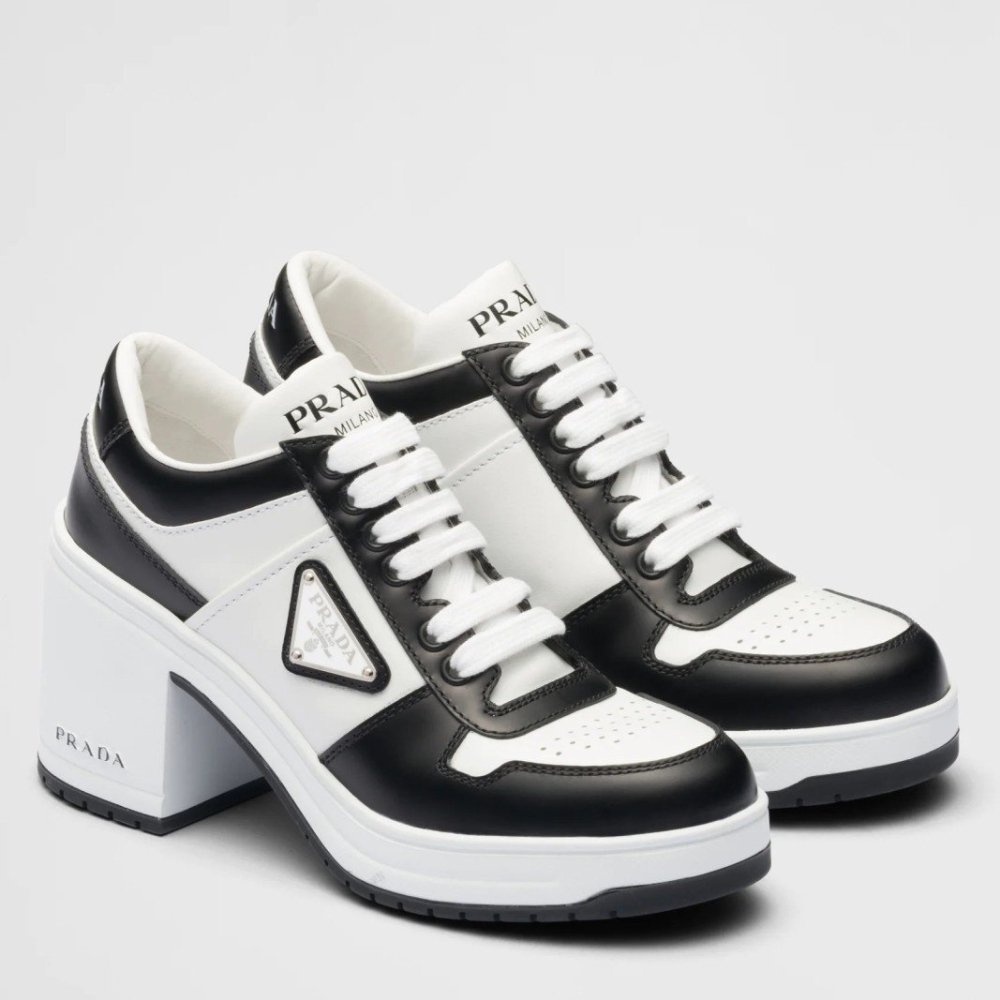 Cheap Reps Prada Downtown High-heeled Sneakers in Black and White Leather