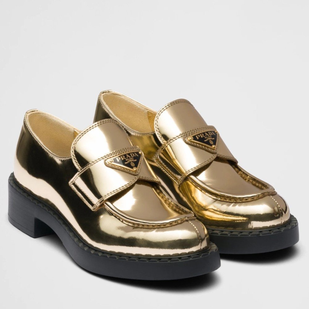 Cheap Reps Prada Womens Loafers In Gold Metallic Leather