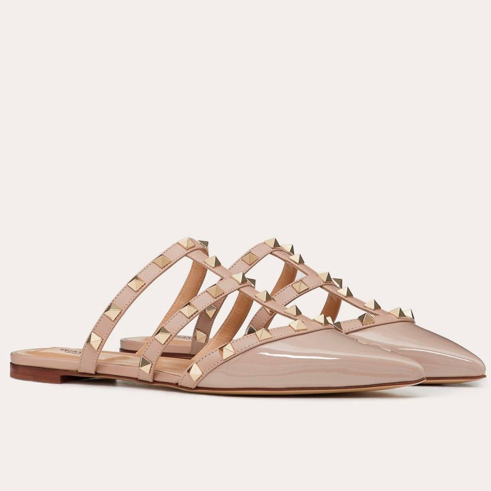 Cheap Reps Valentino Rockstud Flat Mules In Poudre Patent Leather