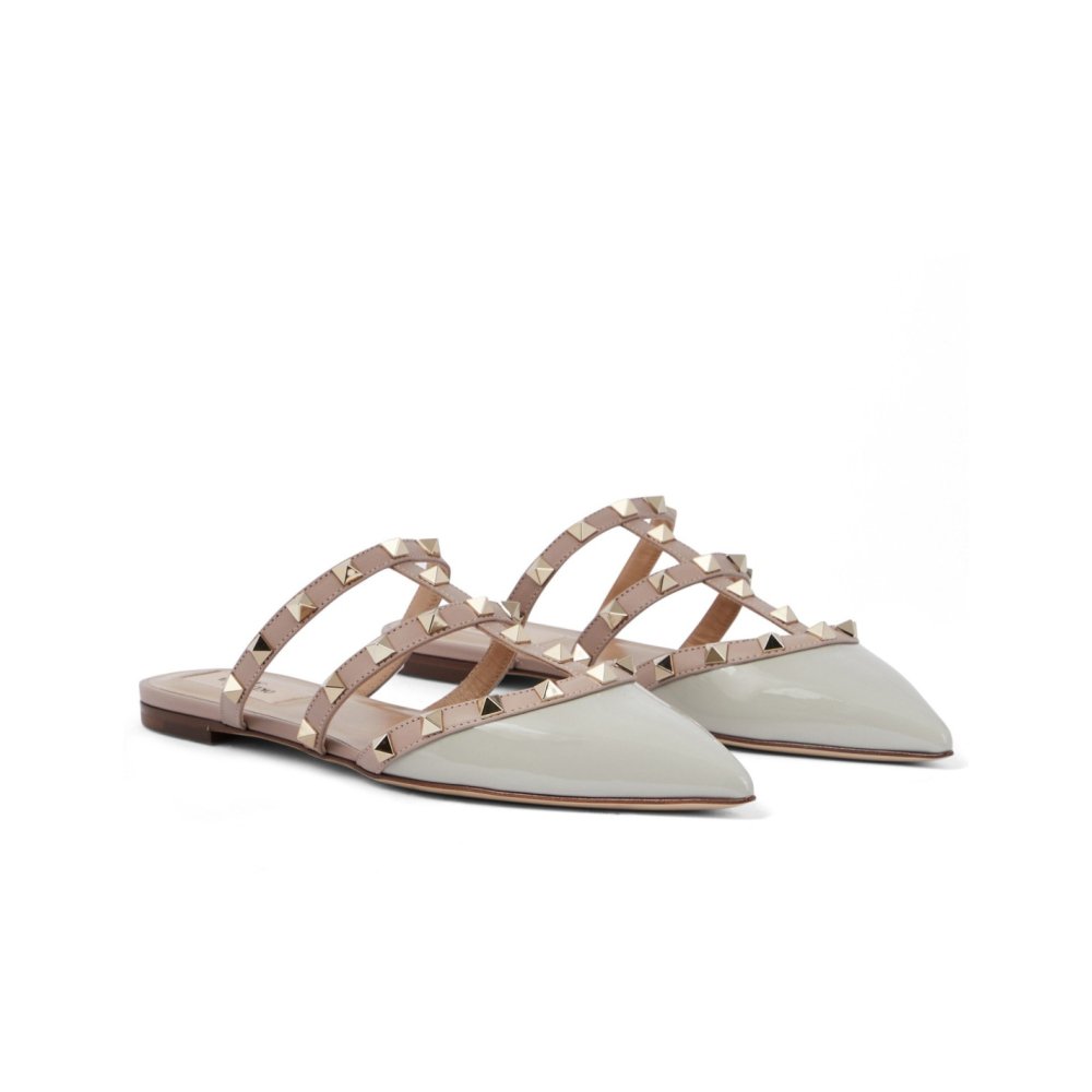 Cheap Reps Valentino Rockstud Flat Mules In Opal-grey Patent Leather