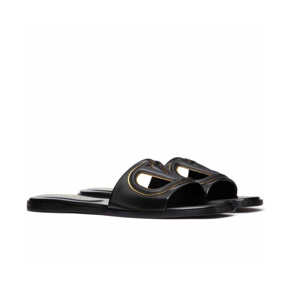 Cheap Reps Valentino VLogo Cut-out Slide Sandals in Black Leather