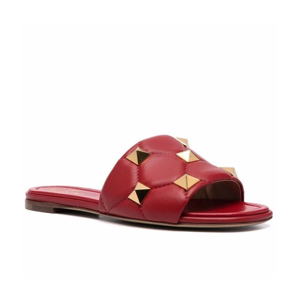 Cheap Reps Valentino Roman Stud Flat Slides In Red Quilted Nappa