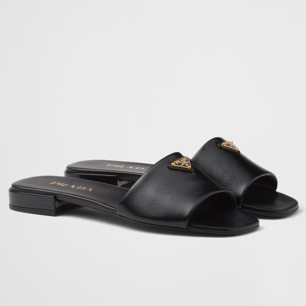 Cheap Reps Prada Womens Slides in Black Saffiano Leather