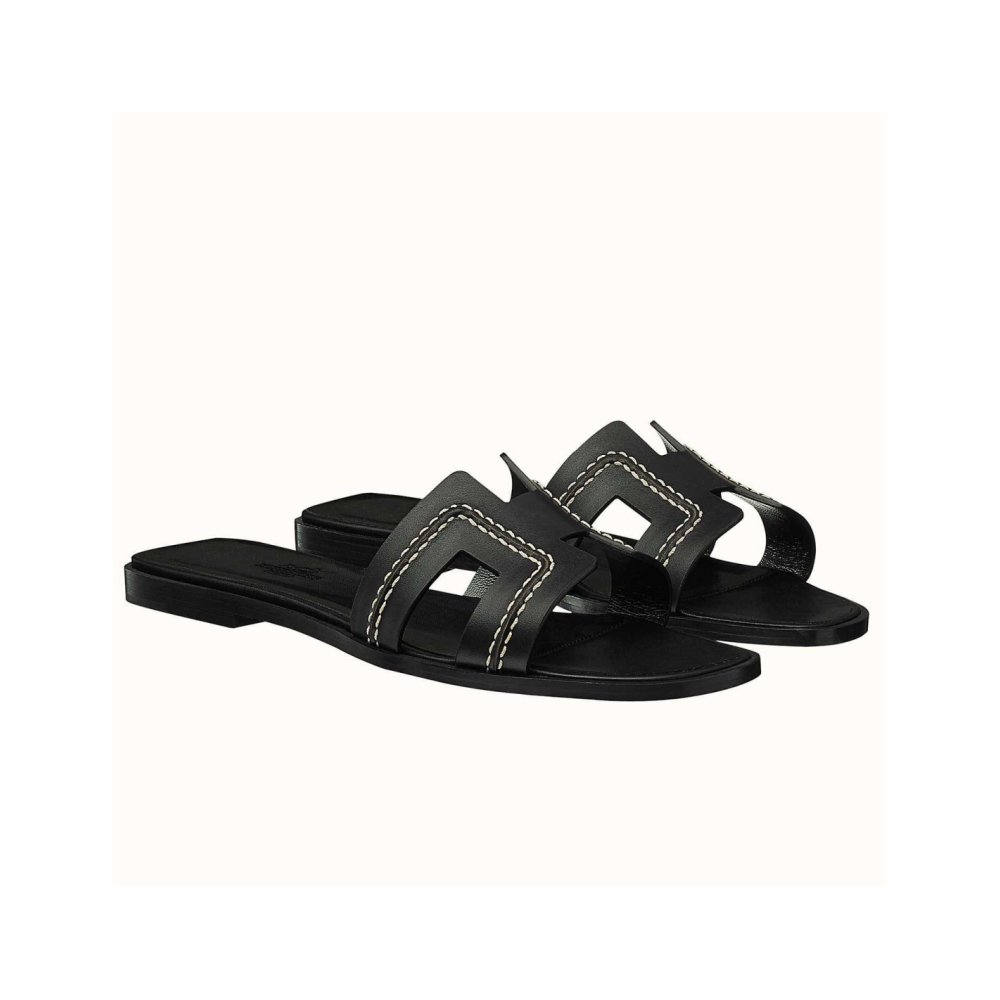 Cheap Reps Hermes Oran Slide Sandals In Black Leather With Stitched