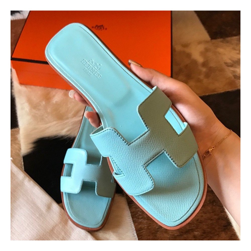 Cheap Reps Hermes Oran Slide Sandals In Blue Atoll Epsom Calfskin