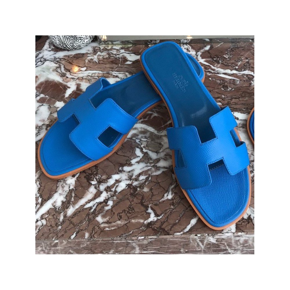 Cheap Reps Hermes Oran Slide Sandals In Blue Hydra Epsom Calfskin