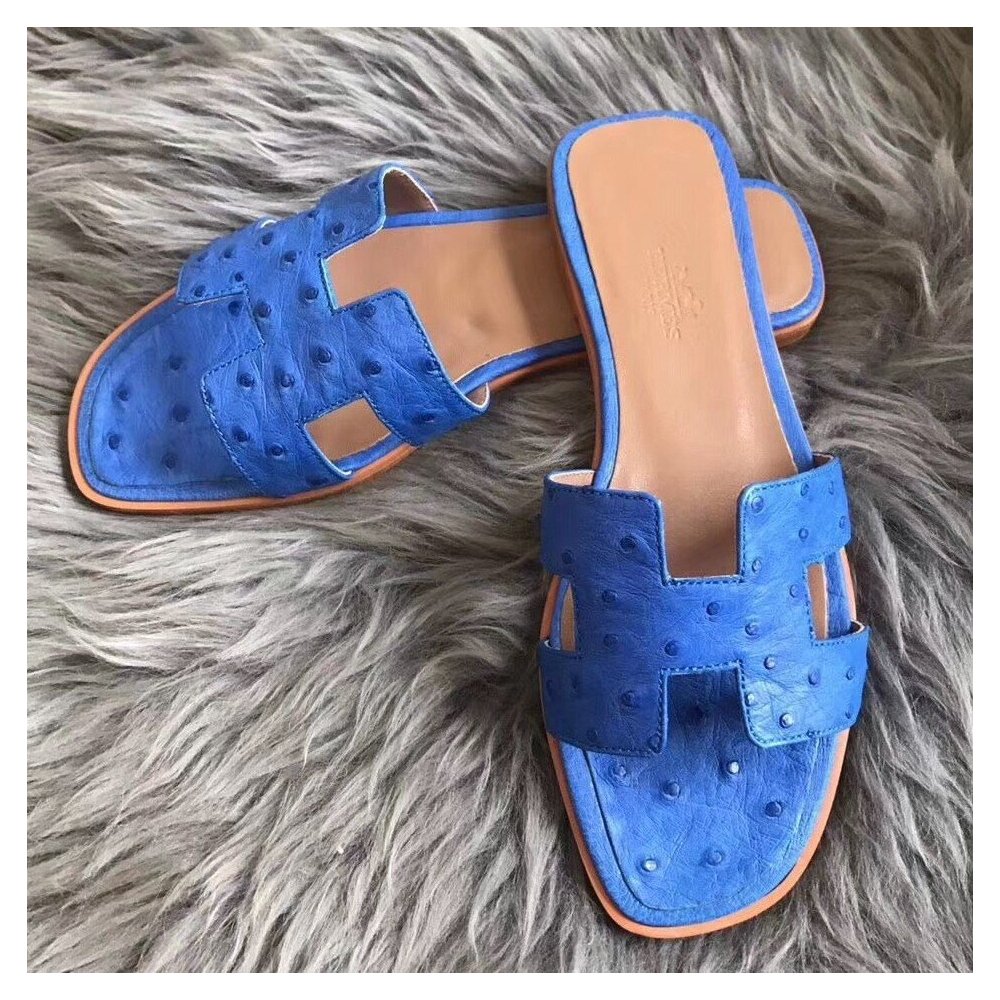 Cheap Reps Hermes Oran Slide Sandals In Blue Hydra Ostrich Leather