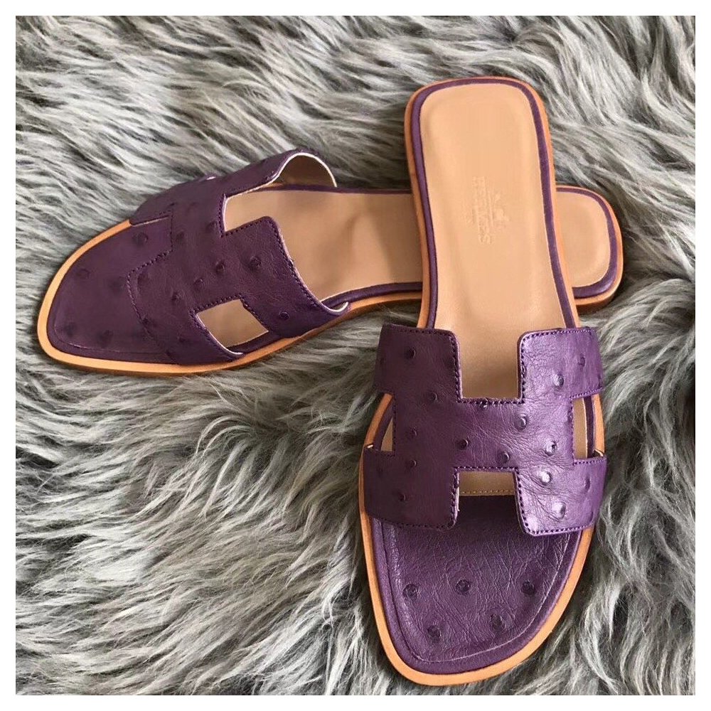 Cheap Reps Hermes Oran Slide Sandals In Purple Ostrich Leather